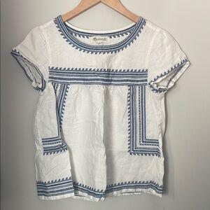 Madewell White and Blue Embroidered Women's Top